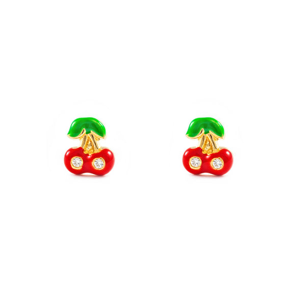 Pendientes Niña Oro Amarillo 18K Cerezas Esmalte Rojo-Verde Circonita Brillo