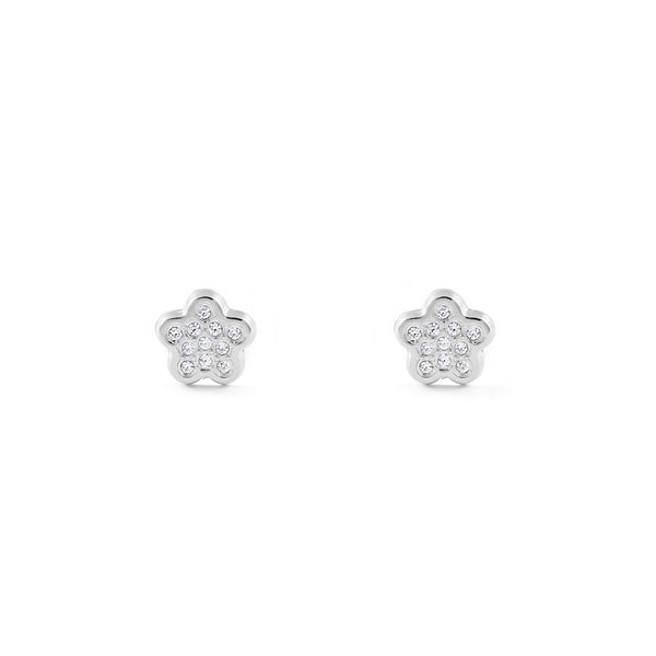 Pendientes Niña Oro Blanco 18K Flor Circonitas Brillo