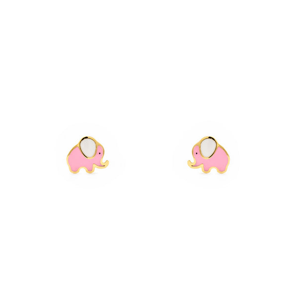 18ct Yellow Gold Pink-White Enamel Elephant Children's Baby Girls Earrings shine