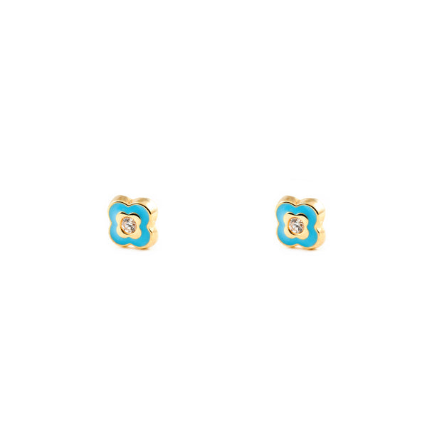 Pendientes Niña Oro Amarillo 9K Trebol Esmalte Azul Circonita Brillo