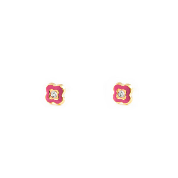 Pendientes Niña Oro Amarillo 9K Trebol Esmalte Rosa Circonita Brillo