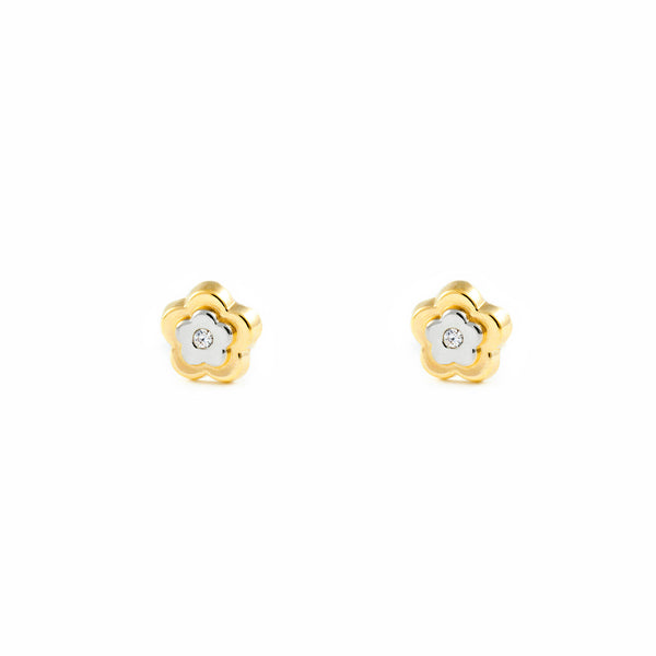 9ct two color gold Daisy Flower Cubic Zirconia Children's Girls Earrings shine