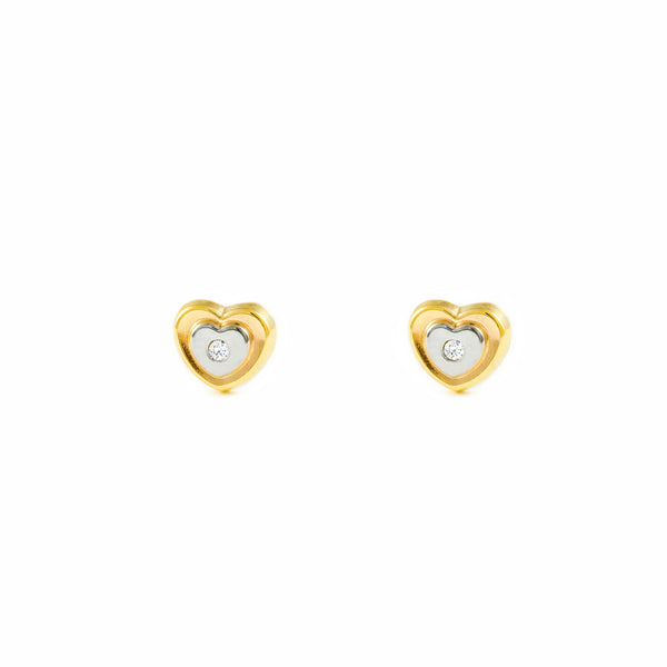 Pendientes Niña Oro Bicolor 9K Corazón Circonita Brillo