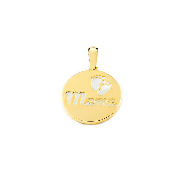 Colgante Oro Amarillo 18K Nacar Redondo Pies Mama Brillo