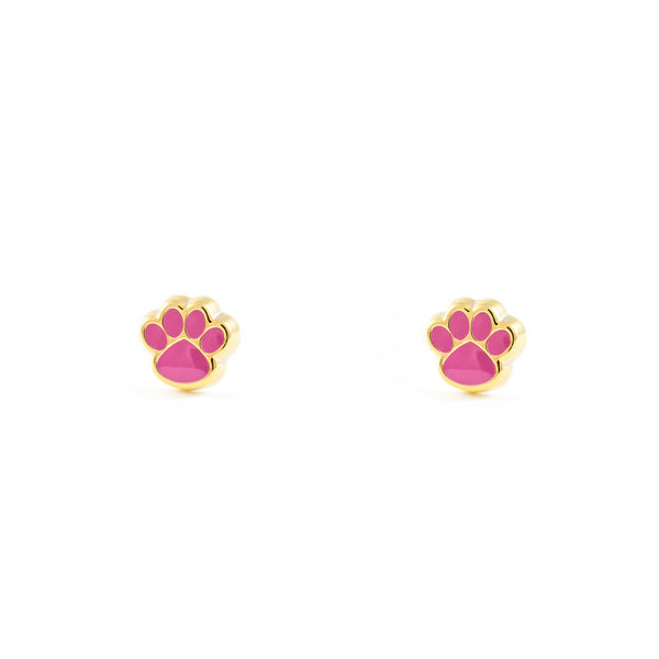 9ct Yellow Gold Intense Pink Enamel Paw Children's Girls Earrings shine