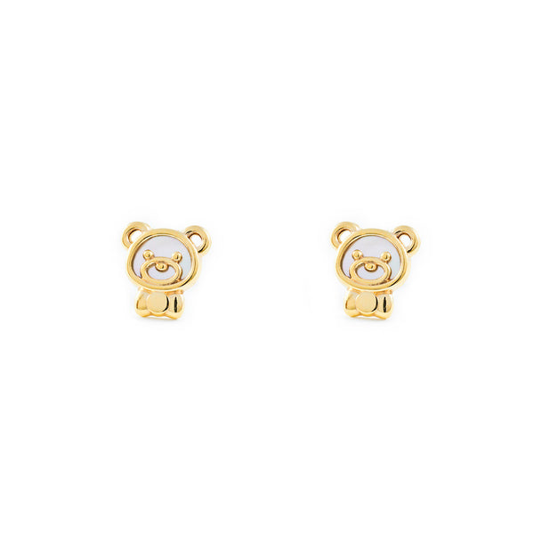 9ct Yellow Gold Nacre Bear Children's Girls Earrings shine