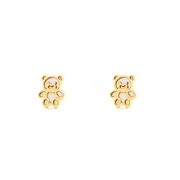 9ct Yellow Gold Nacre Bear Children's Girls Earrings shine