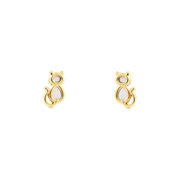 9ct Yellow Gold Nacre Cat Children's Girls Earrings shine
