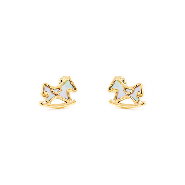 9ct Yellow Gold Nacre Horse Children's Girls Earrings shine