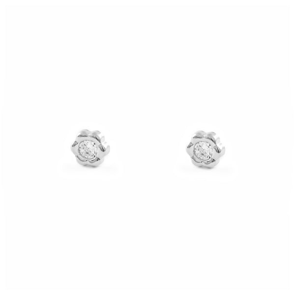 Pendientes Niña Oro Blanco 18K Flor Margarita Circonita Brillo