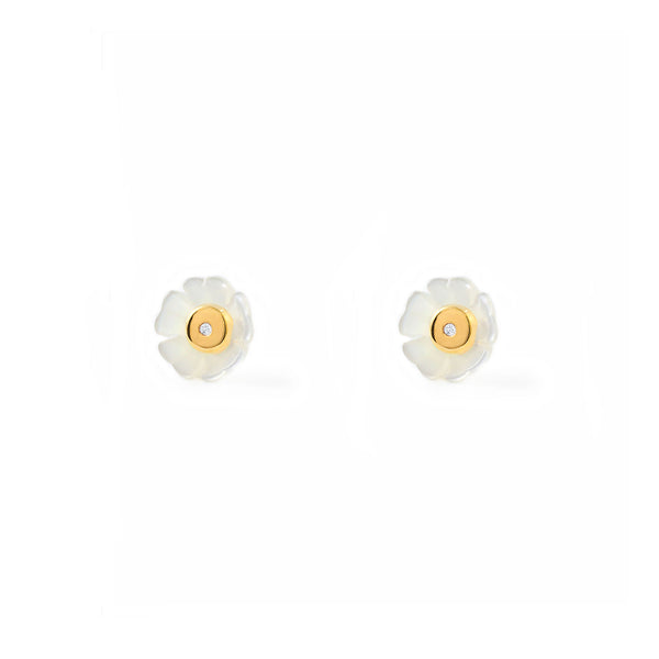 Pendientes Niña Oro Amarillo 9K Nacar Flor Circonita Brillo